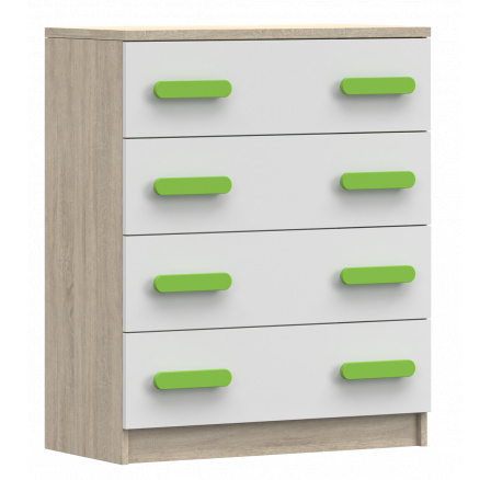 Komód 4S SMYK III - 02, Sonoma Tölgy/Fehér/Zöld