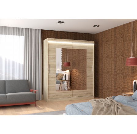 Tolóajtós szekrény tükörrel és LED világítással ROSETTE 180 Sonoma+Sonoma