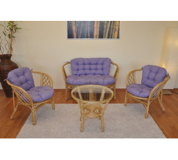 Ratanová sedací souprava Bahama medová velká polstry fialový melír