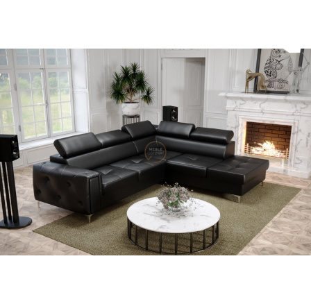 NAROŻNIK ORION II Z FUNKCJĄ SPANIA 225x255 CM SKÓRA NATURALNA - Skóra czarna , Strona prawa